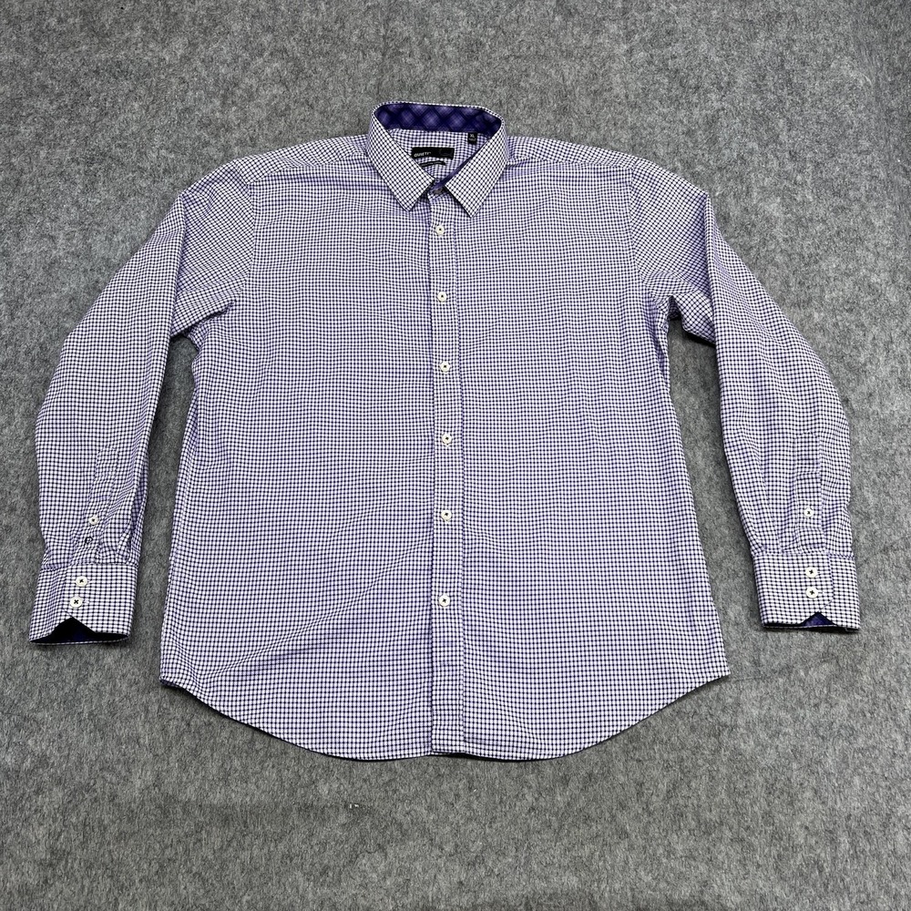 QUIETI Shirt Mens XL Purple Gingham‎ 100% Cotton Long Sleeve Dress Office Work